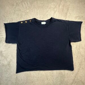 Nation LTD Women's Tee Large Navy Blue 100% Cotton Boxy Cropped Button Shoulder
